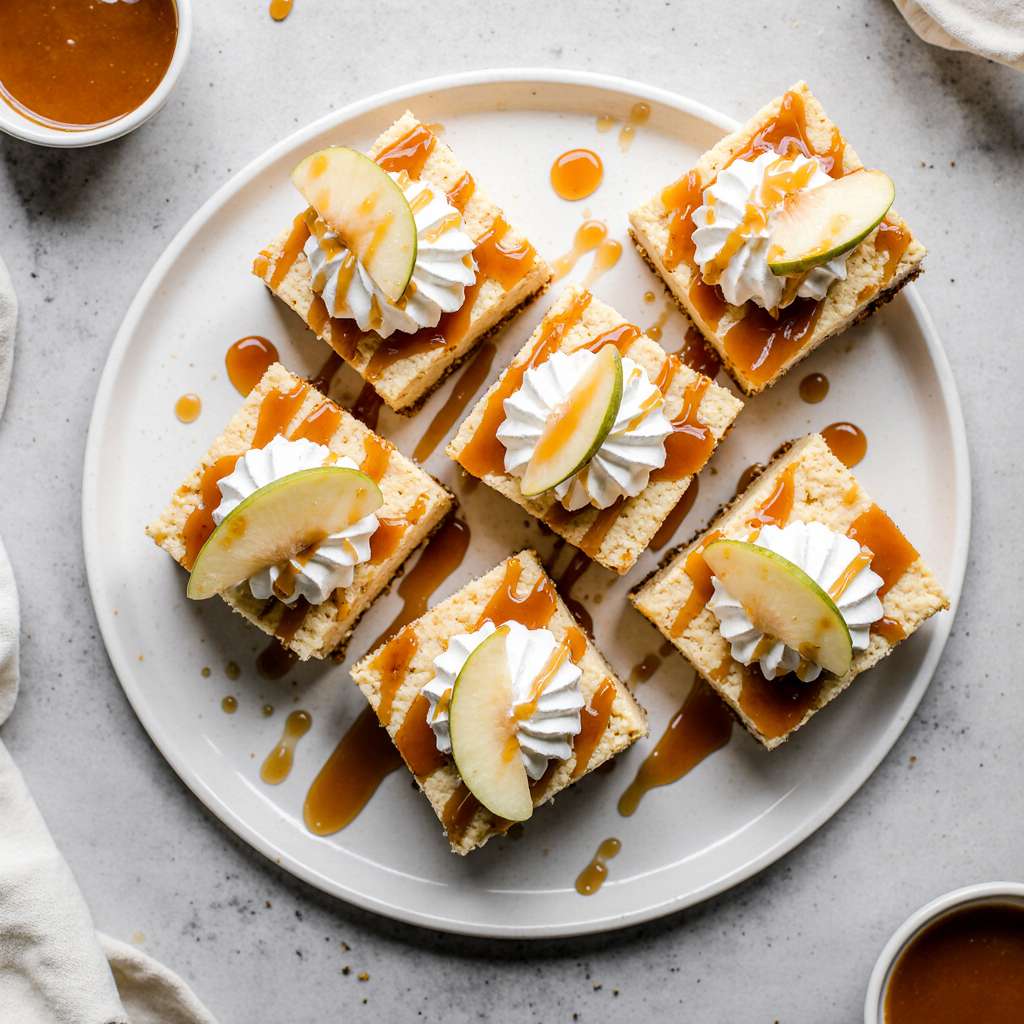 Caramel apple cheesecake bars served with caramel drizzle and whipped cream