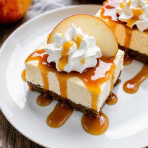 A slice of caramel apple cheesecake bar with graham crust and caramel drizzle on a wooden table.