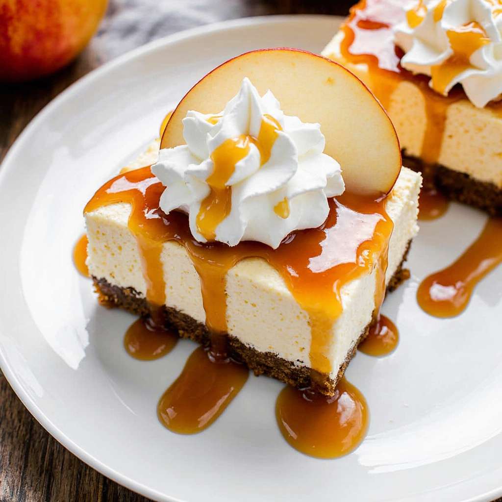A slice of caramel apple cheesecake bar with graham crust and caramel drizzle on a wooden table.