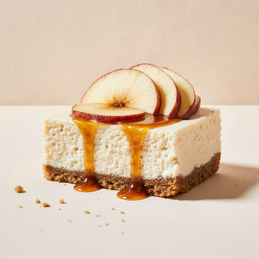 Close-up of caramel apple cheesecake bar layers