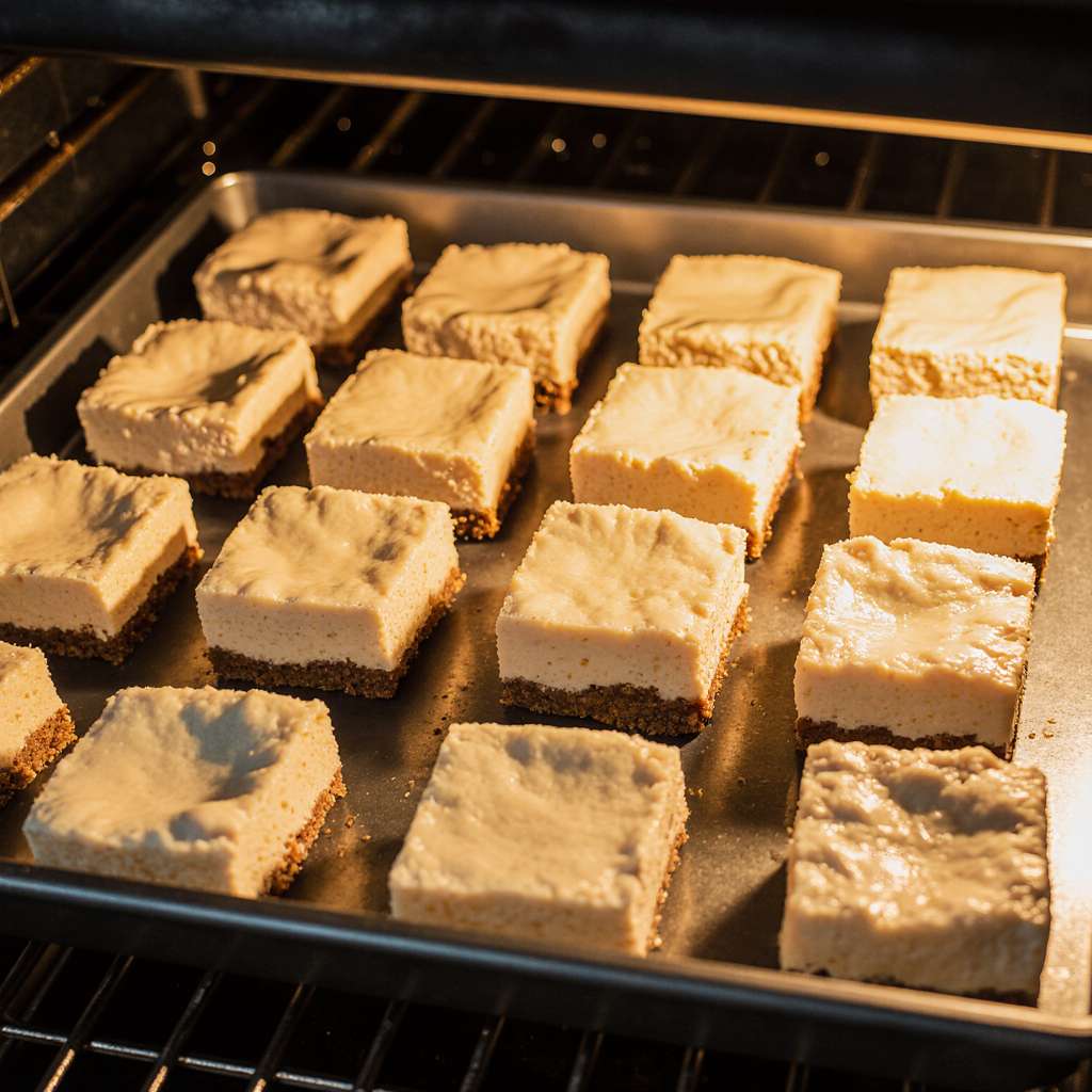 Cheesecake bars baking in the oven with golden edges.