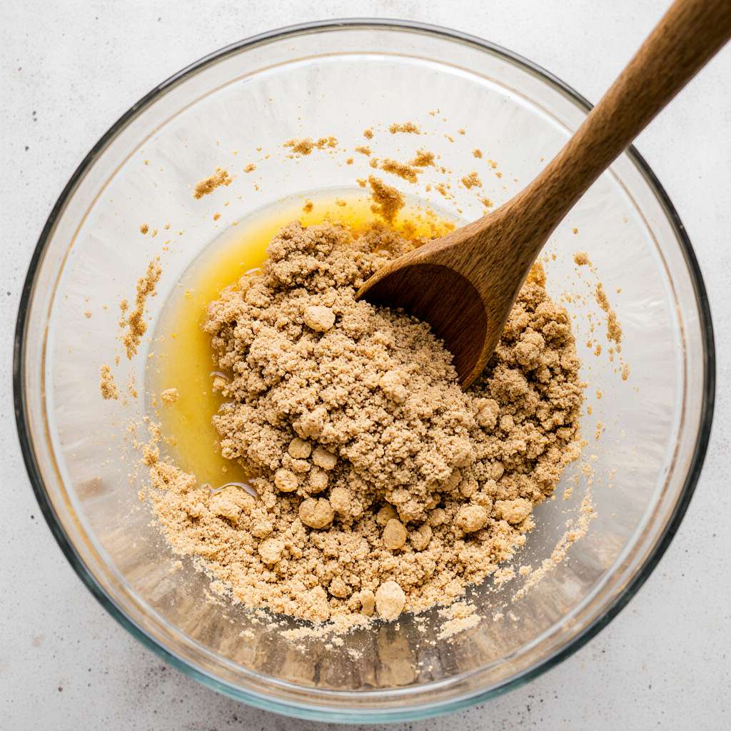 Mixing graham cracker crumbs and butter for cheesecake bar crust.