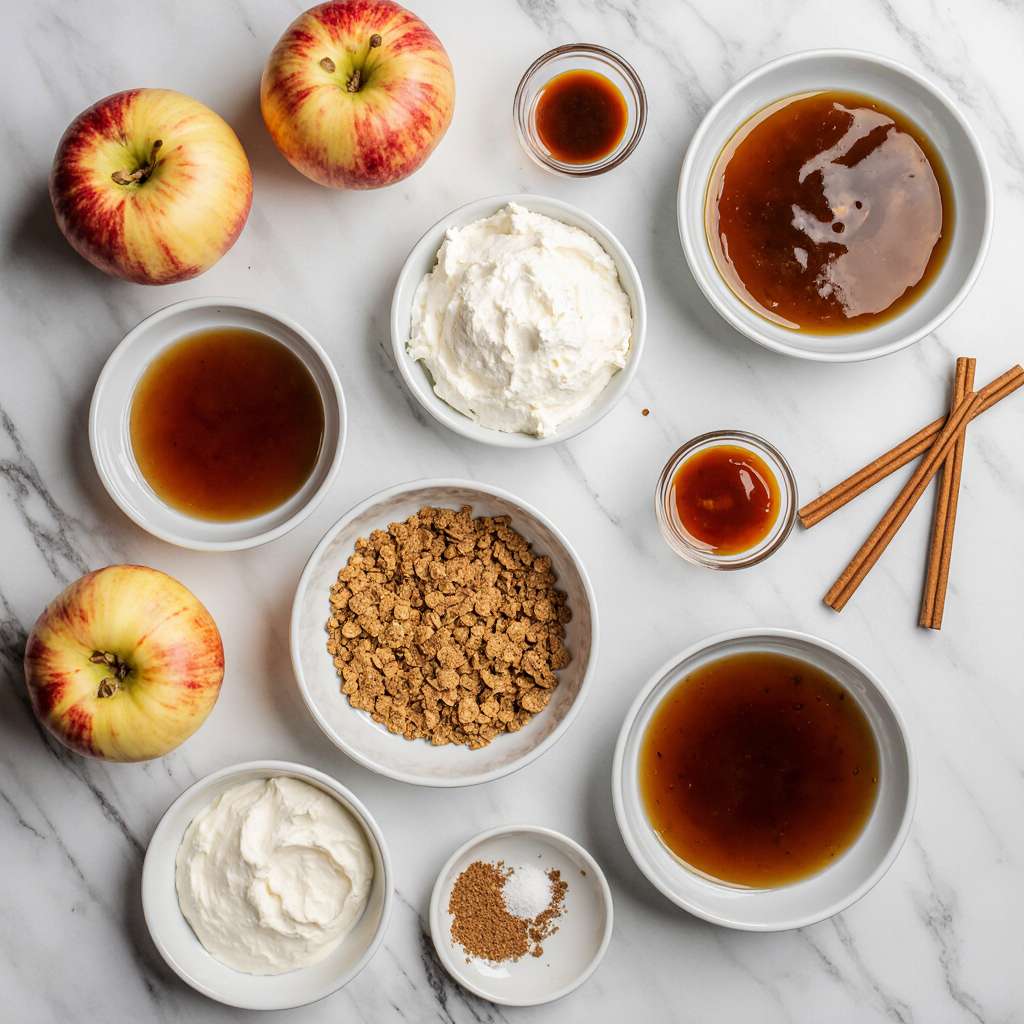 Ingredients for caramel apple cheesecake bars arranged on a kitchen counter