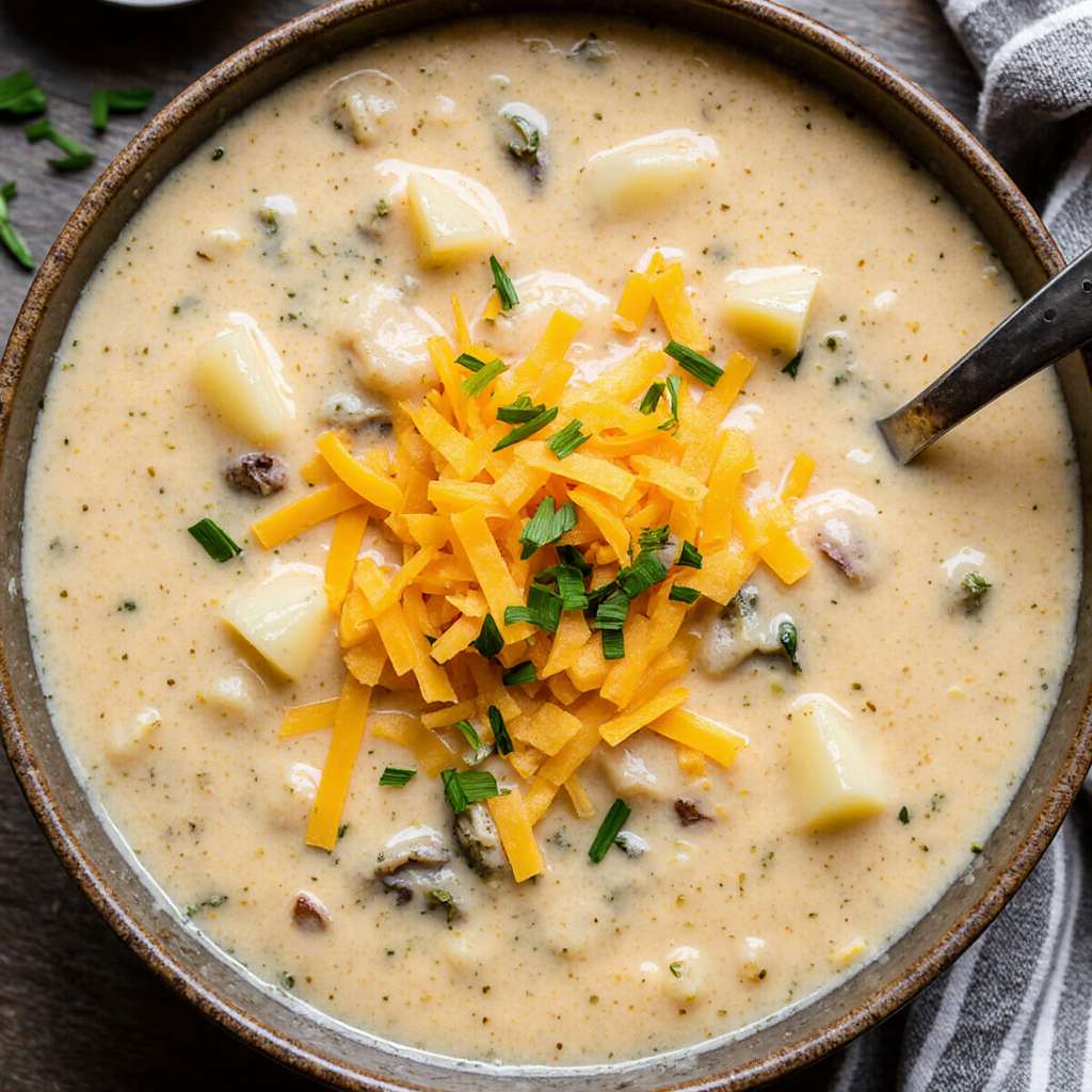 Creamy cheddar garlic potato soup topped with chives.