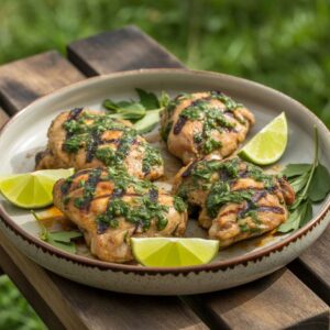 Grilled chimichurri chicken thighs with fresh chimichurri sauce and herbs.