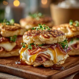 Mini pancake sliders with bacon, egg, and maple syrup on a plate