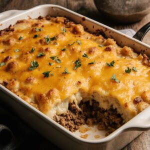 Cheesy hobo casserole with ground beef and potatoes.