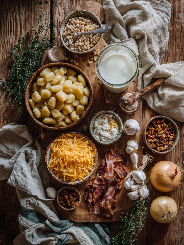 Flat lay of soup ingredients with gnocchi and bacon