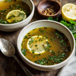 A steaming bowl of Italian Penicillin Soup with herbs and lemon.