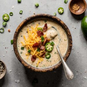 Creamy jalapeño popper soup topped with bacon and cheddar.