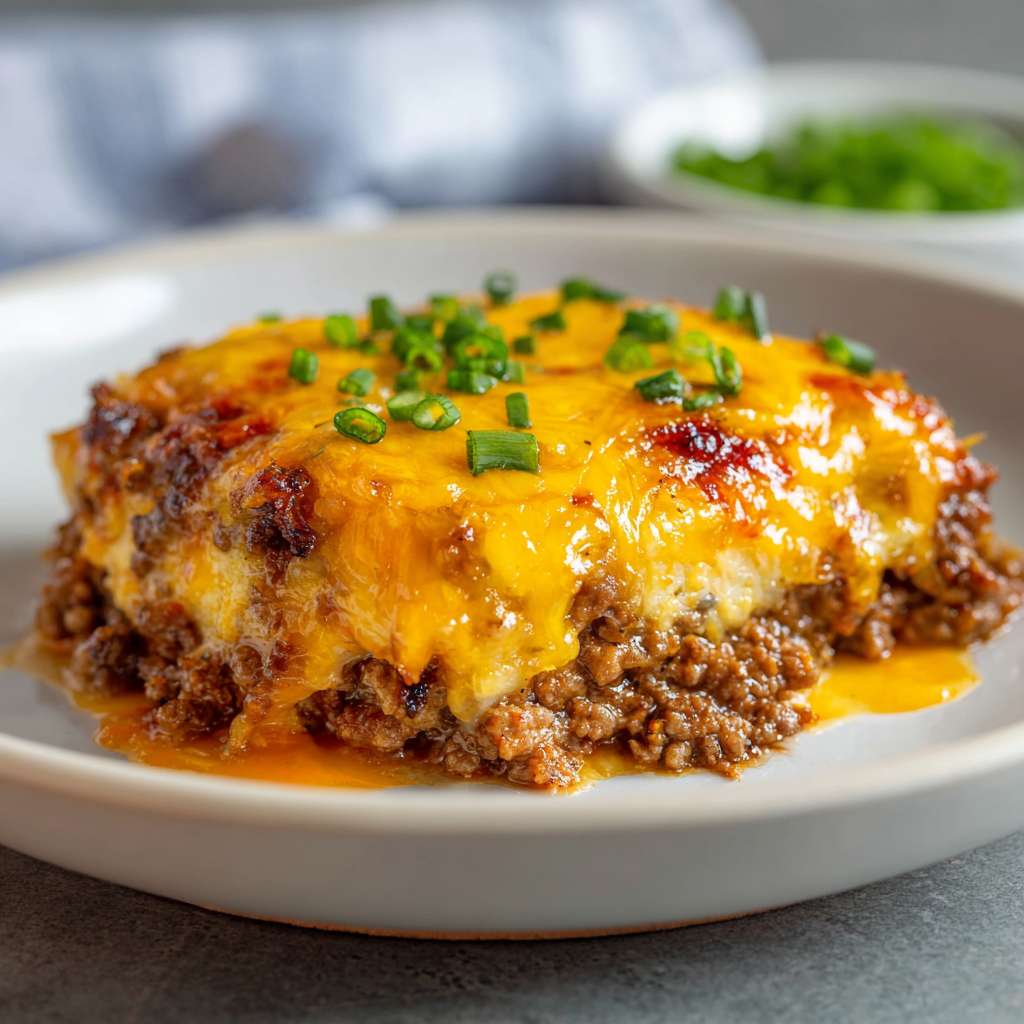 Keto cheeseburger casserole with golden melted cheese and parsley topping