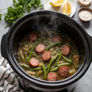 Crockpot kielbasa with green beans and onions in light broth.