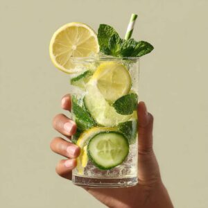 A refreshing glass of lemon cucumber water with mint leaves