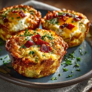 Golden bacon and egg hash brown muffins on a plate