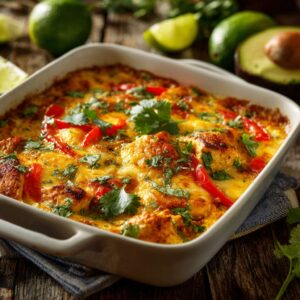 Low carb Mexican chicken casserole with melted cheese and fresh cilantro