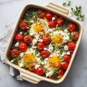 Baked feta eggs with tomatoes and spinach in a Mediterranean-style dish