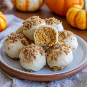 No Bake Pumpkin Cheesecake Balls coated in cinnamon sugar and white chocolate on a rustic fall table.