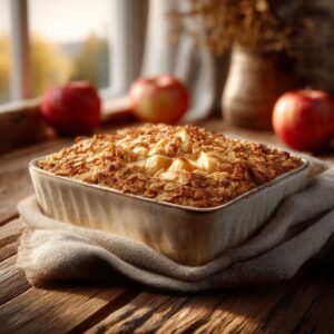 Baked oatmeal with apple chunks in a white ceramic dish.