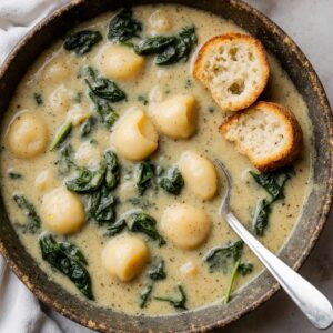Creamy chicken gnocchi soup with spinach and breadstick.
