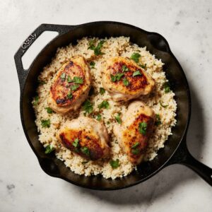 One-pot chicken and rice with golden chicken thighs in a skillet.