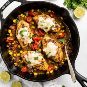 Santa Fe Chicken skillet with peppers, corn, black beans, and melted cheese.