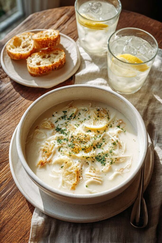 serving lasagna soup with garlic bread