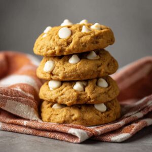 Soft Pumpkin White Chip Cookies stacked on a rustic plate with cinnamon sticks and white chocolate chips.