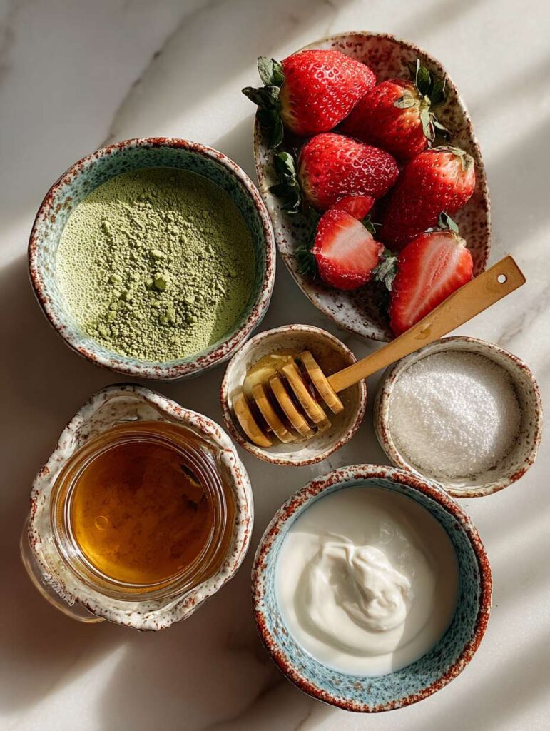 ingredients for strawberry matcha latte
