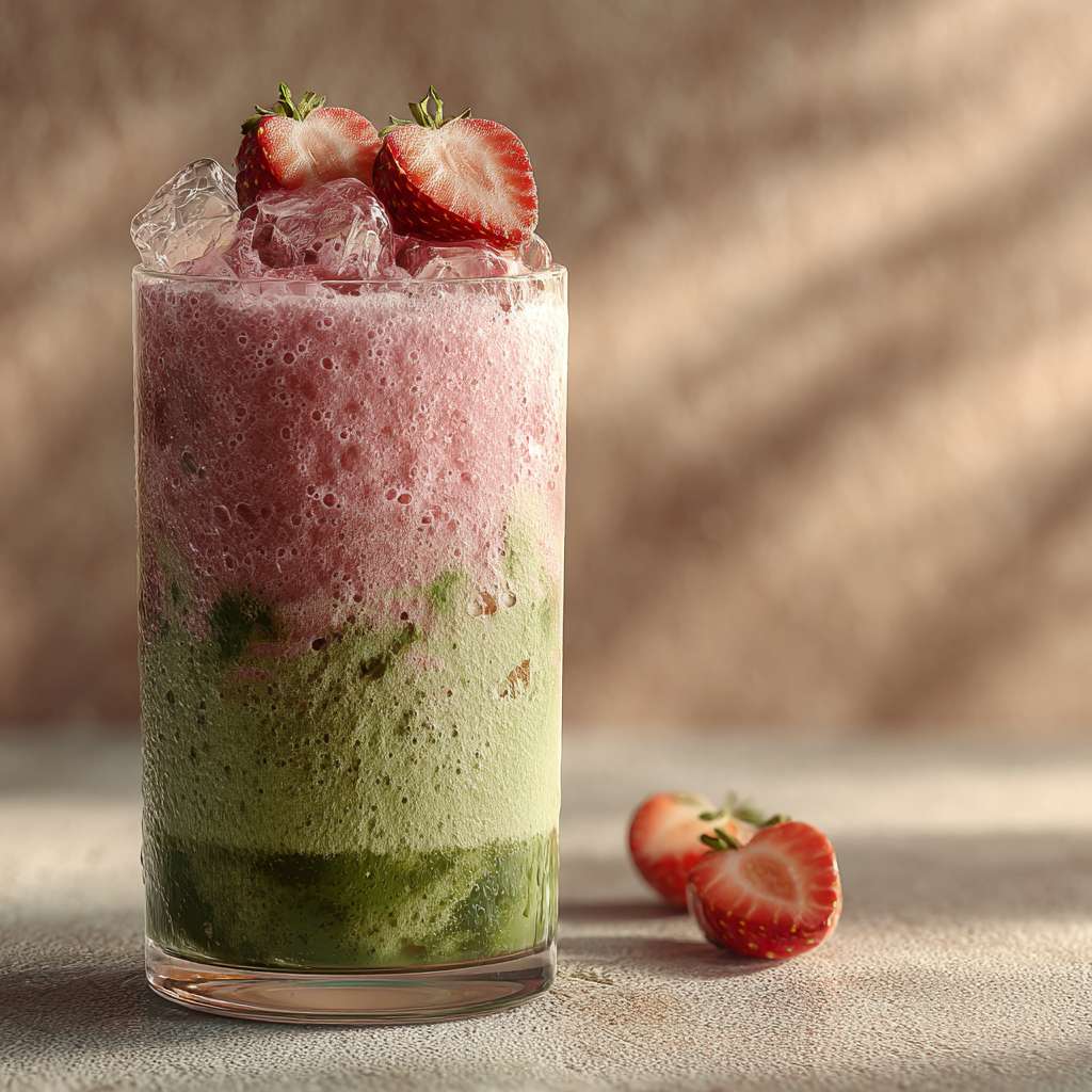 Iced strawberry matcha latte in glass with layers