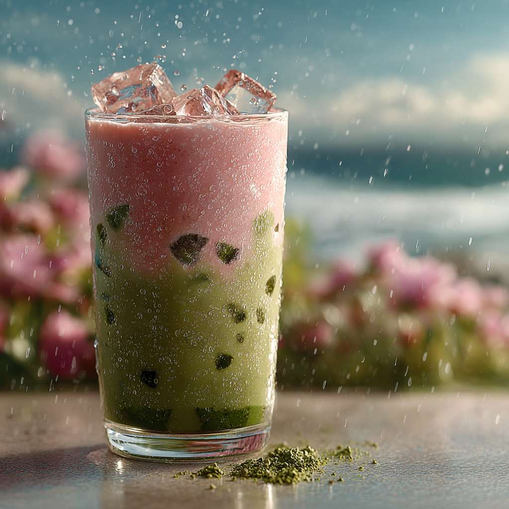 strawberry matcha latte with strawberry foam