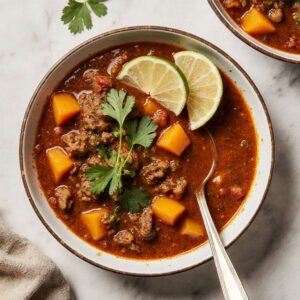 Sweet potato turkey chili in bowl with fresh garnishes.