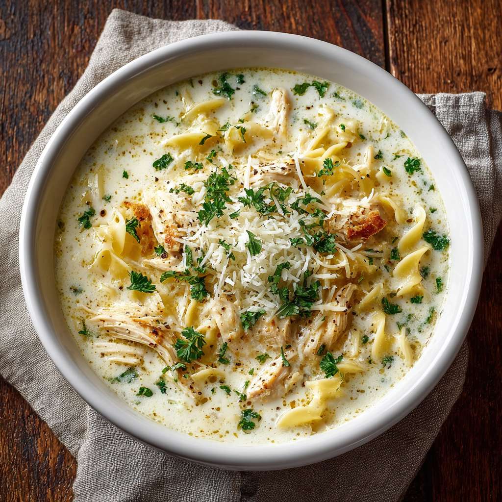 bowl of creamy white chicken lasagna soup