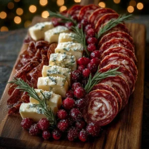 A beautifully arranged Christmas charcuterie platter with meats, cheeses, and holiday decorations.