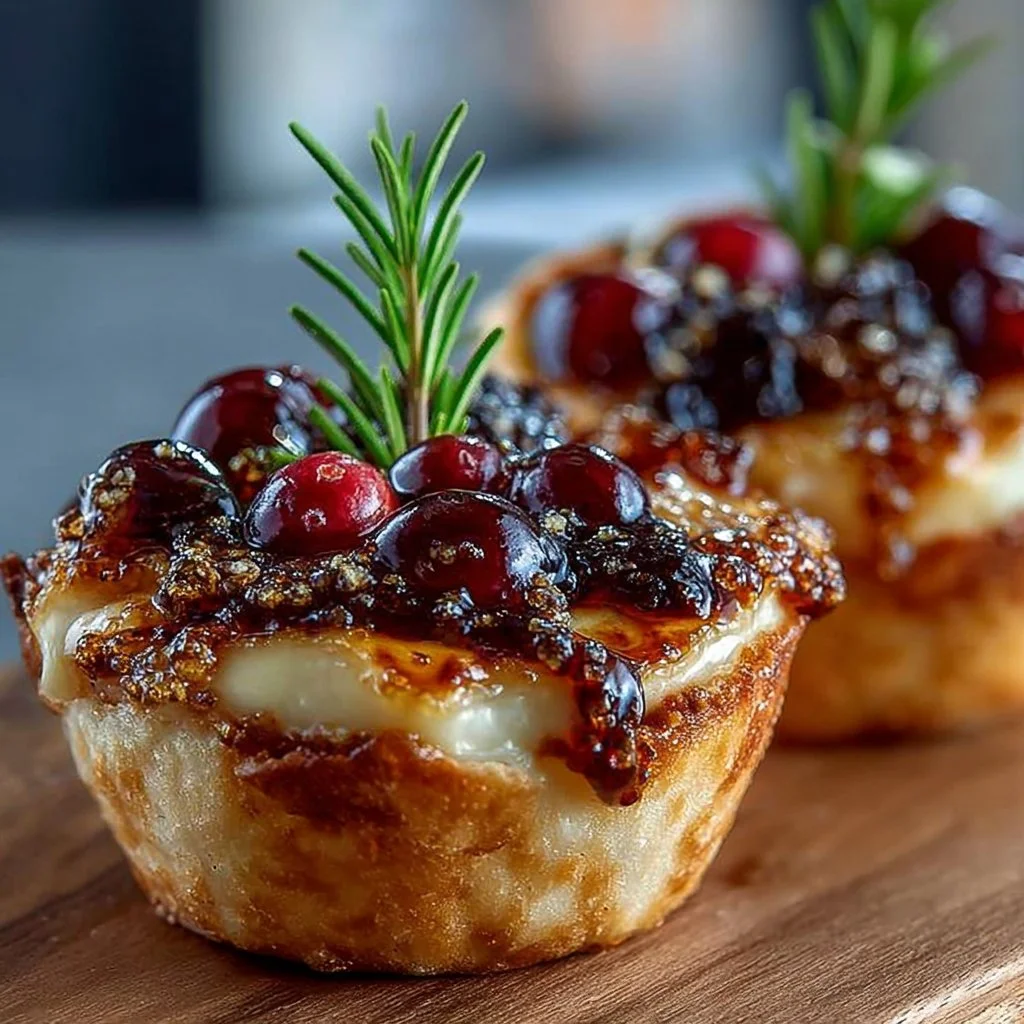 Delicious Cranberry Brie Bites appetizer with melted brie and cranberry sauce.