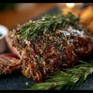 Herb crusted prime rib served with garnish