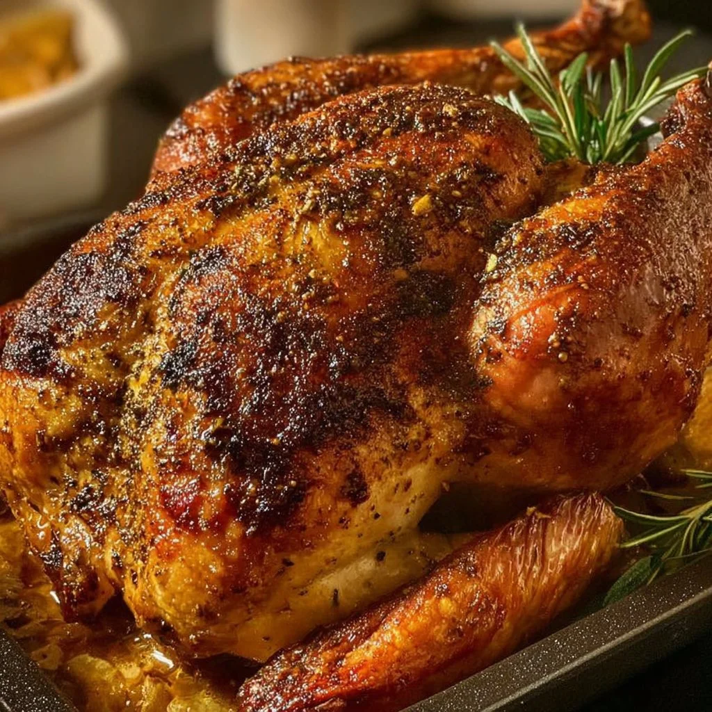 Oven Roasted Herb Butter Turkey on a platter with herbs and sides