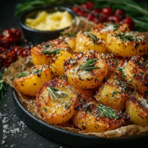Baked Parmesan Herb Potatoes garnished with fresh herbs and cheese.