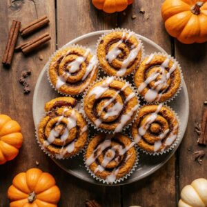 Glazed pumpkin cinnamon roll muffins on rustic wooden table.