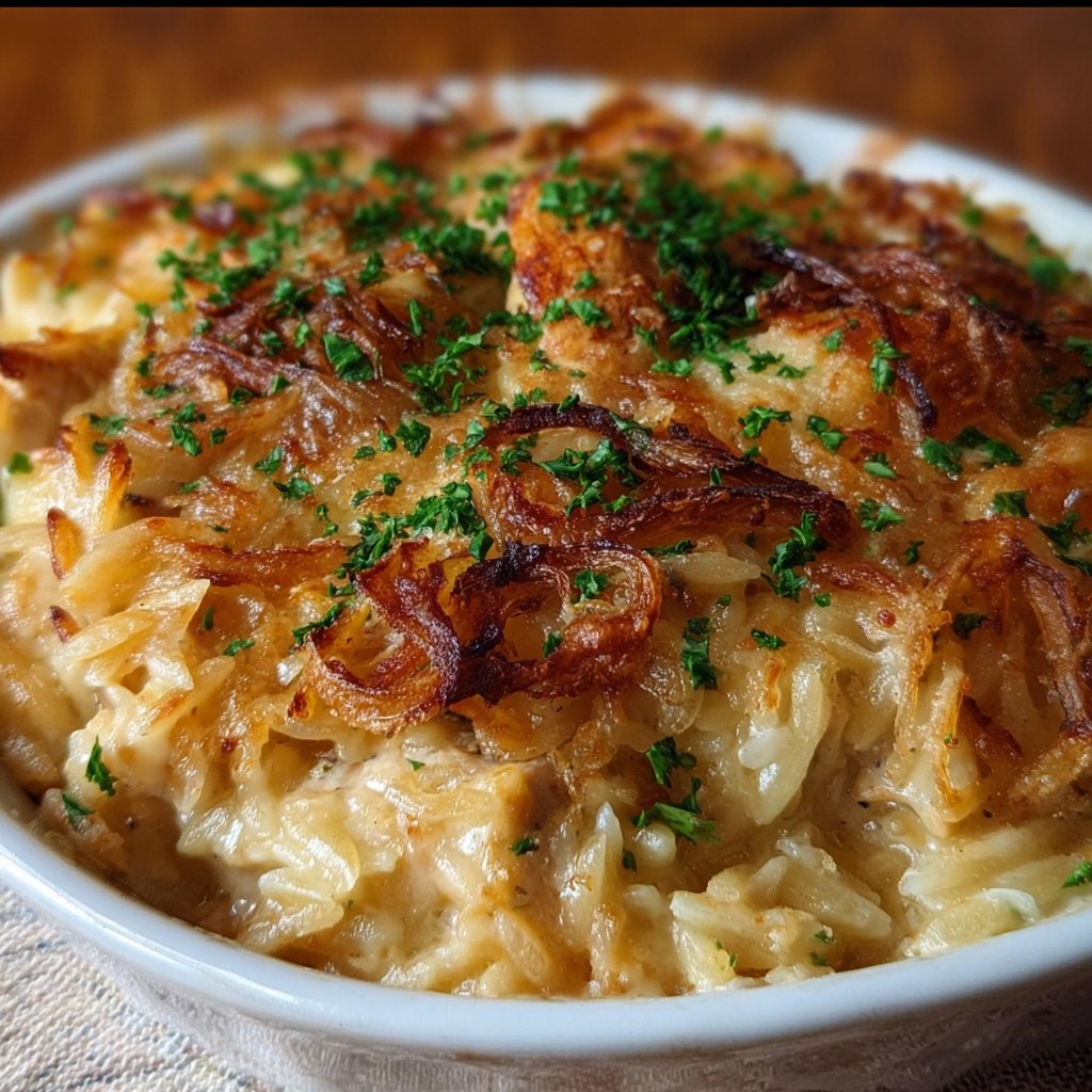 French Onion Chicken Orzo Casserole