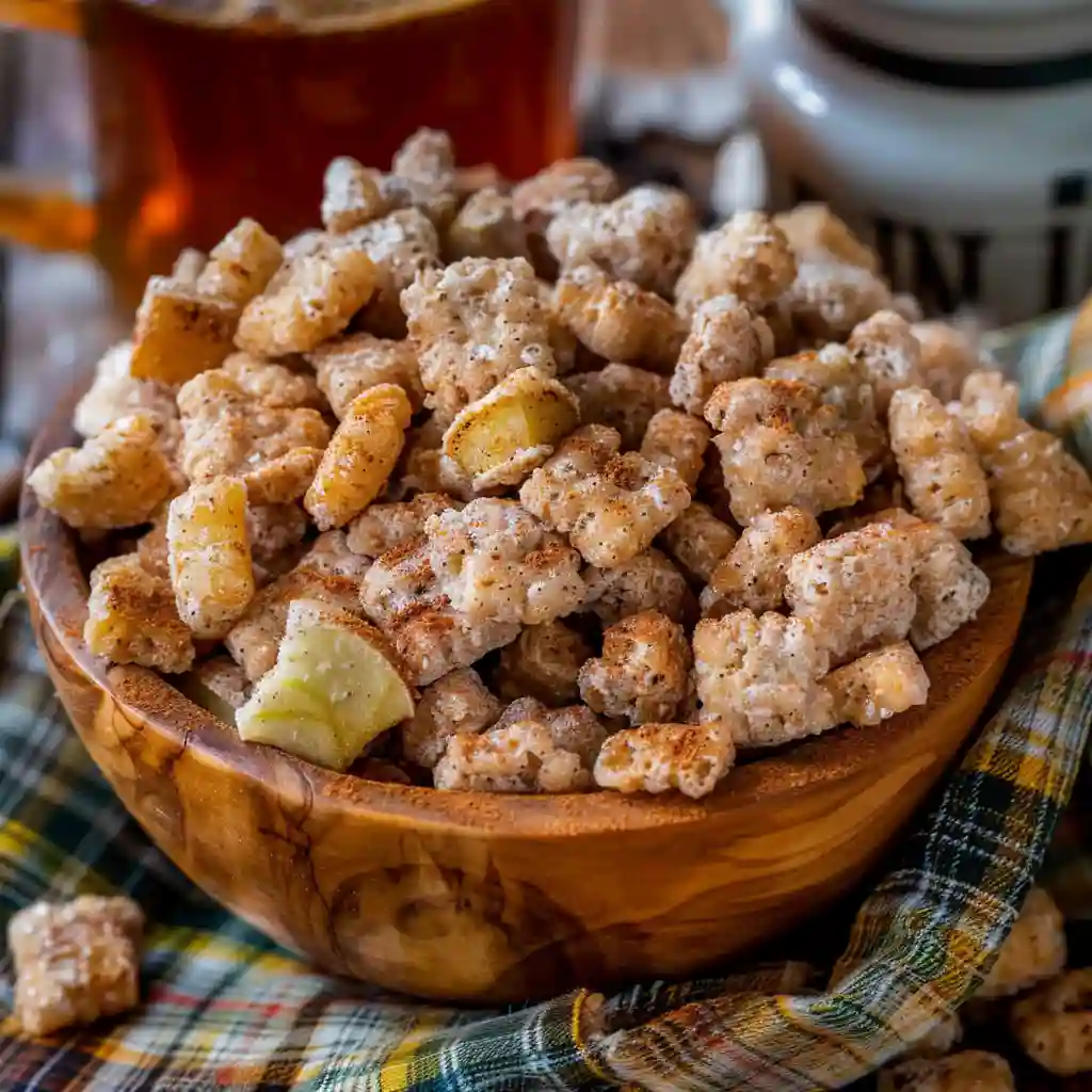 Bowl of apple cinnamon puppy chow with dried apple pieces and cinnamon
