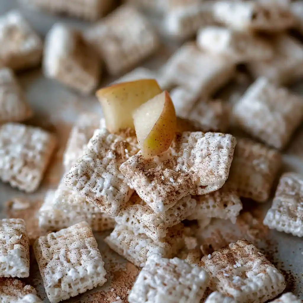Close up of apple cinnamon puppy chow piece with crispy texture