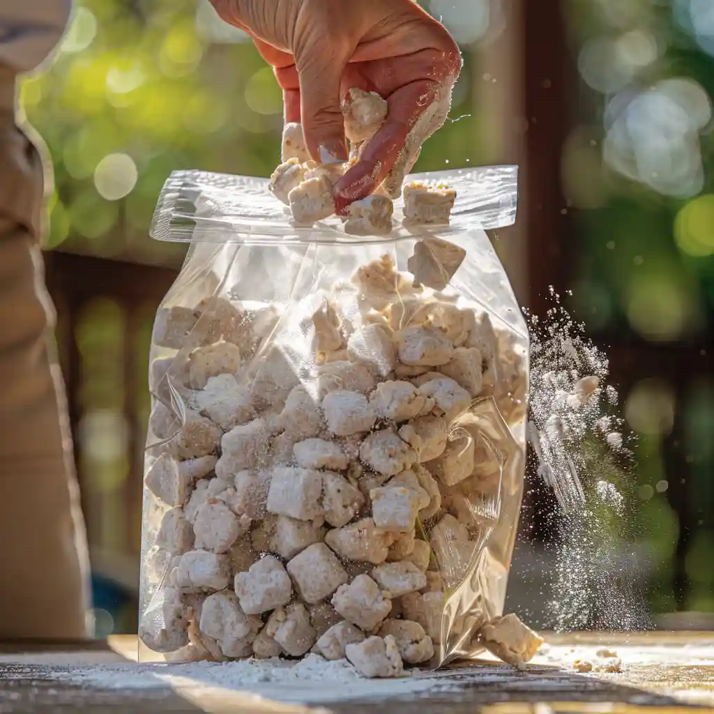 Shaking a bag of puppy chow coated in powdered sugar