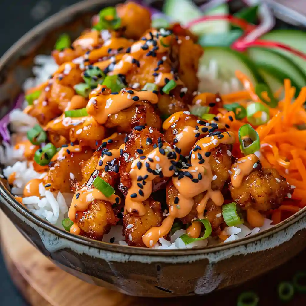 Crispy Bang Bang Chicken Bowl served with spicy mayo sauce and sesame seeds