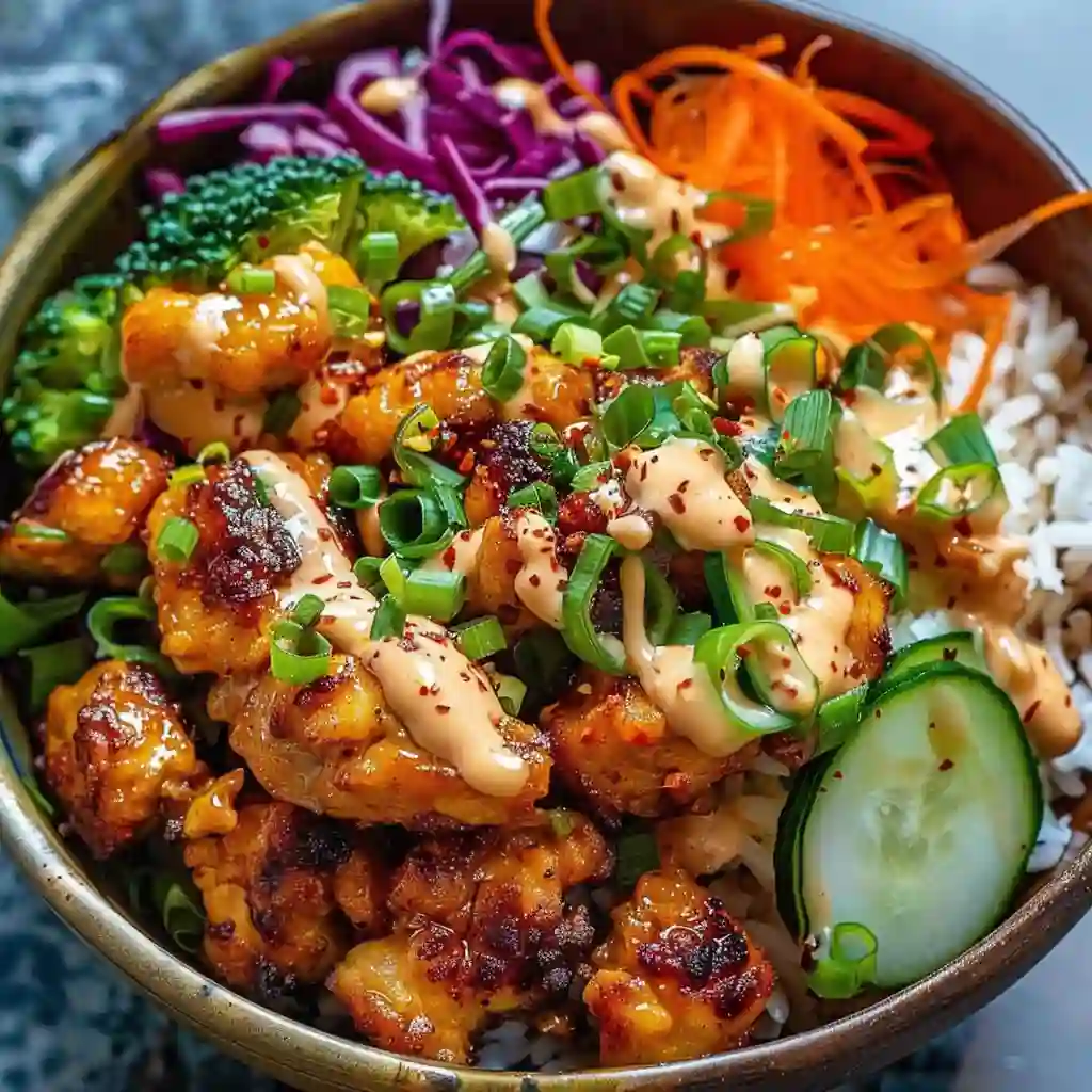 Crispy Bang Bang Chicken Bowl served with spicy mayo sauce and sesame seeds