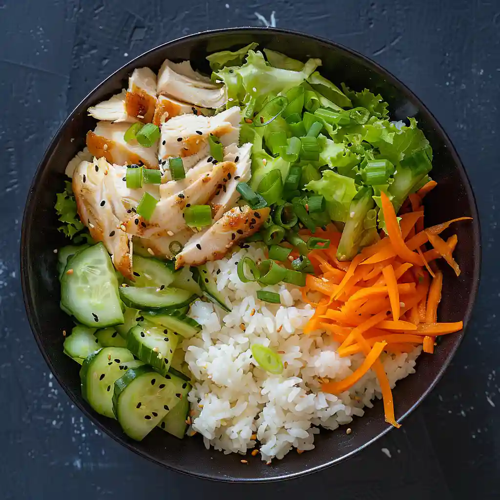 Assembling a rice bowl with shredded carrots cucumber and lettuce