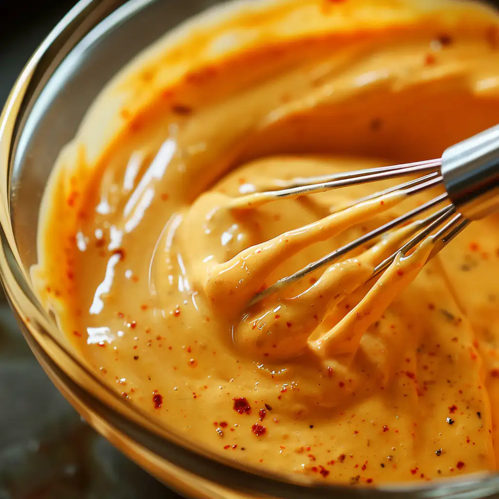 Whisking creamy spicy bang bang sauce with mayonnaise and sriracha in a bowl