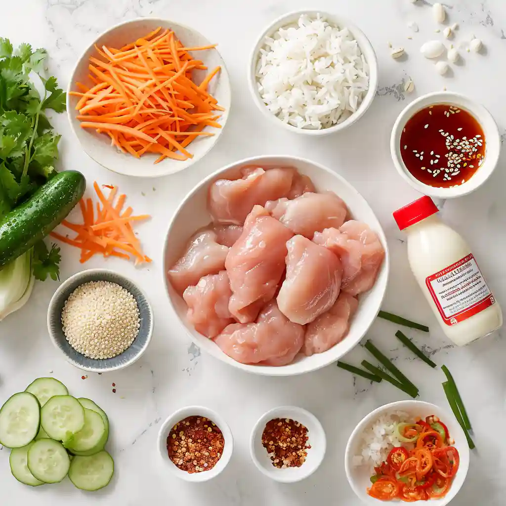 Ingredients for Bang Bang Chicken bowl including jasmine rice chicken breast and sweet chili sauce