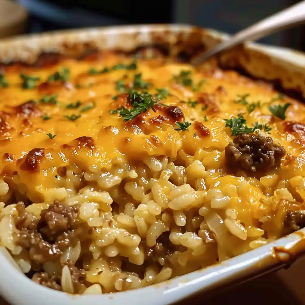 Close-up of baked cheesy ground beef and rice casserole with melted golden cheddar cheese and fresh parsley garnish