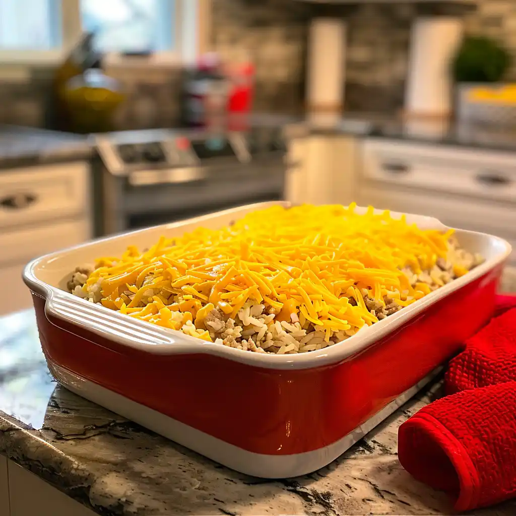 Unbaked casserole dish topped with shredded cheddar cheese ready for the oven