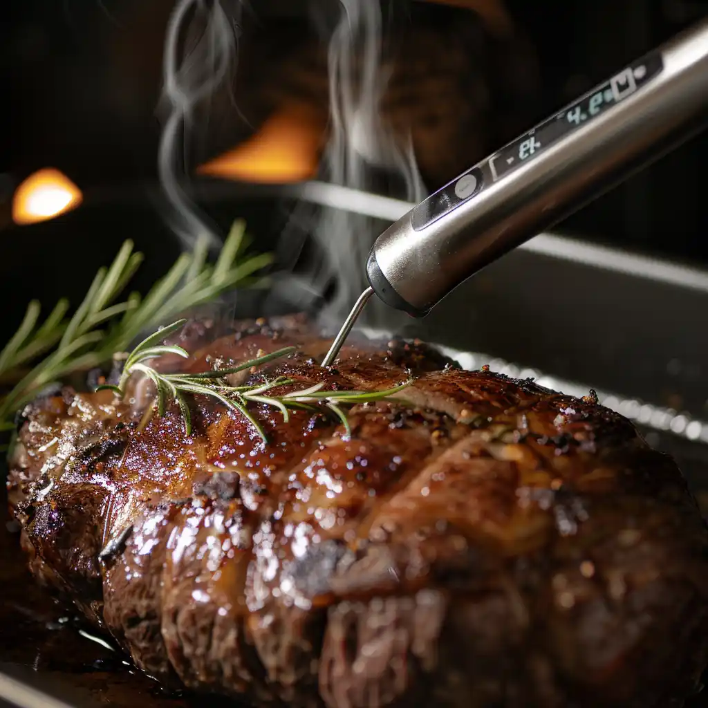 Checking internal temperature of roast beef with digital thermometer